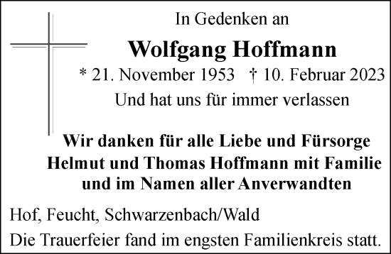 Traueranzeige von Wolfgang Hoffmann von Der Bote