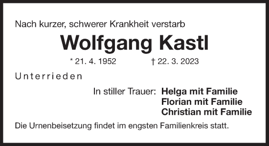 Traueranzeige von Wolfgang Kastl von Der Bote
