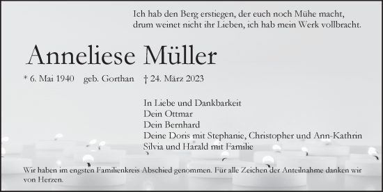 Traueranzeige von Anneliese Müller von Pegnitz-Zeitung