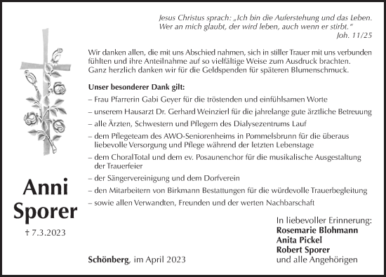 Traueranzeige von Anni Sporer von Pegnitz-Zeitung