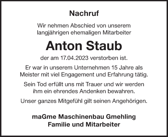 Traueranzeige von Anton Staub von Der Bote