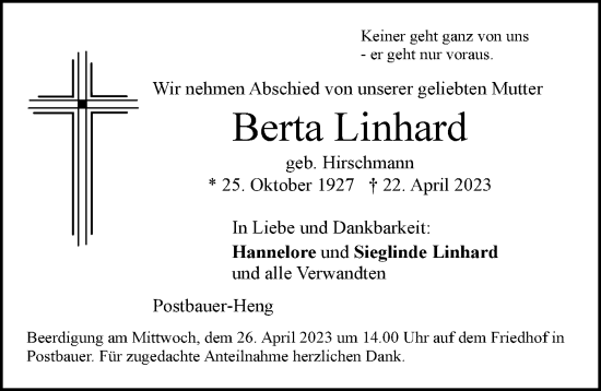 Traueranzeige von Berta Linhard von Der Bote