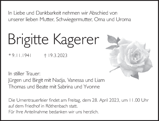 Traueranzeige von Brigitte Kagerer von Pegnitz-Zeitung