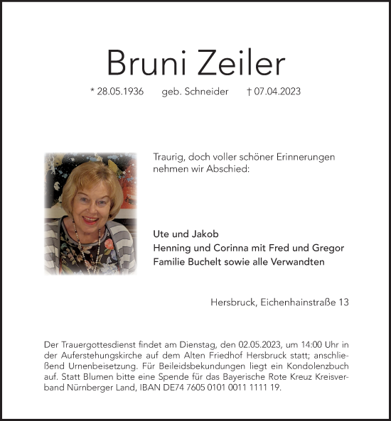 Traueranzeige von Brunhilde Zeiler von Hersbrucker Zeitung Lokal