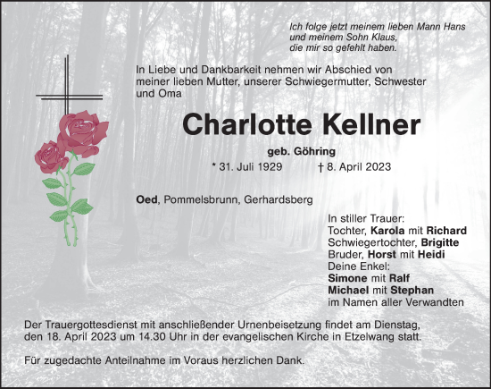 Traueranzeige von Charlotte Kellner von Hersbrucker Zeitung Lokal