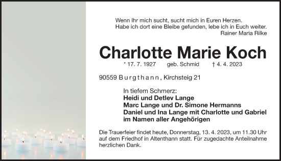 Traueranzeige von Charlotte Marie Koch von Der Bote