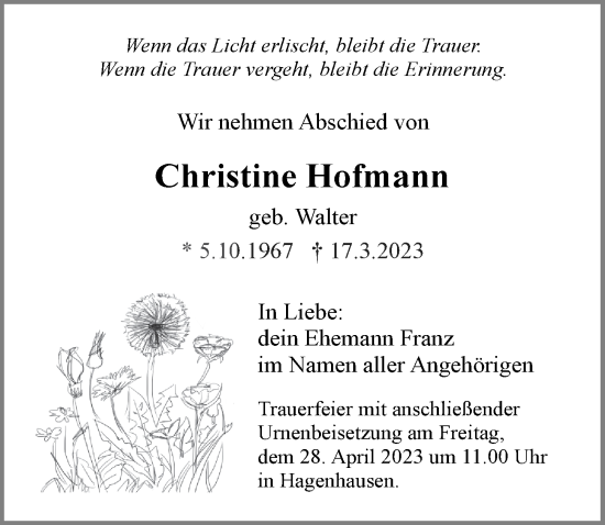 Traueranzeige von Christine Hofmann von Der Bote