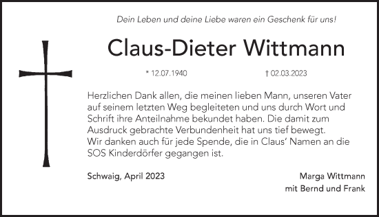 Traueranzeige von Claus-Dieter Wittmann von Pegnitz-Zeitung