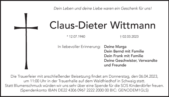 Traueranzeige von Claus-Dieter Wittmann von Pegnitz-Zeitung