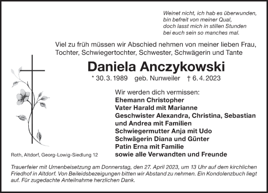 Traueranzeige von Daniela Anczykowski von Der Bote