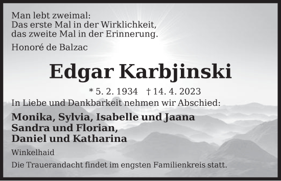 Traueranzeige von Edgar Karbjinski von Der Bote