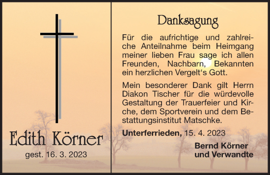 Traueranzeige von Edith Körner von Der Bote