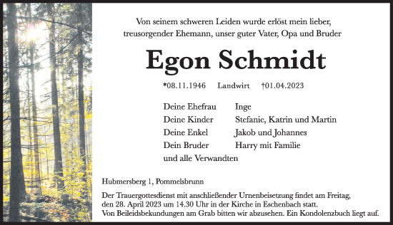 Traueranzeige von Egon Schmidt von Hersbrucker Zeitung Lokal