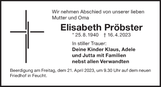 Traueranzeige von Elisabeth Pröbster von Der Bote