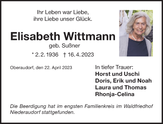 Traueranzeige von Elisabeth Wittmann von Der Bote