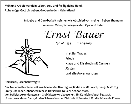 Traueranzeige von Emil Bauer von Hersbrucker Zeitung Lokal