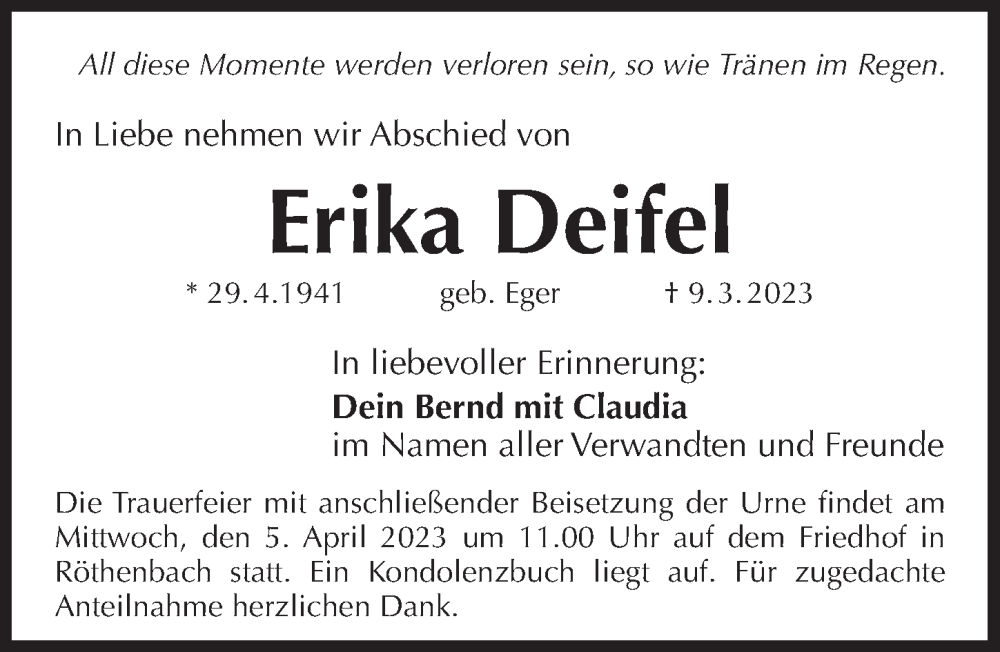  Traueranzeige für Erika Deifel vom 01.04.2023 aus Pegnitz-Zeitung