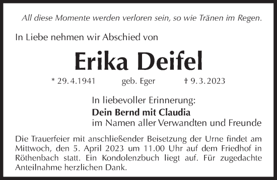 Traueranzeige von Erika Deifel von Pegnitz-Zeitung