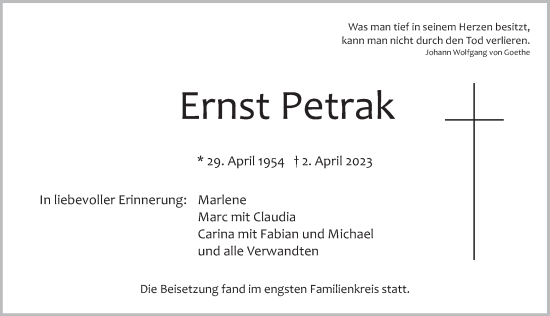 Traueranzeige von Ernst Petrak von Der Bote