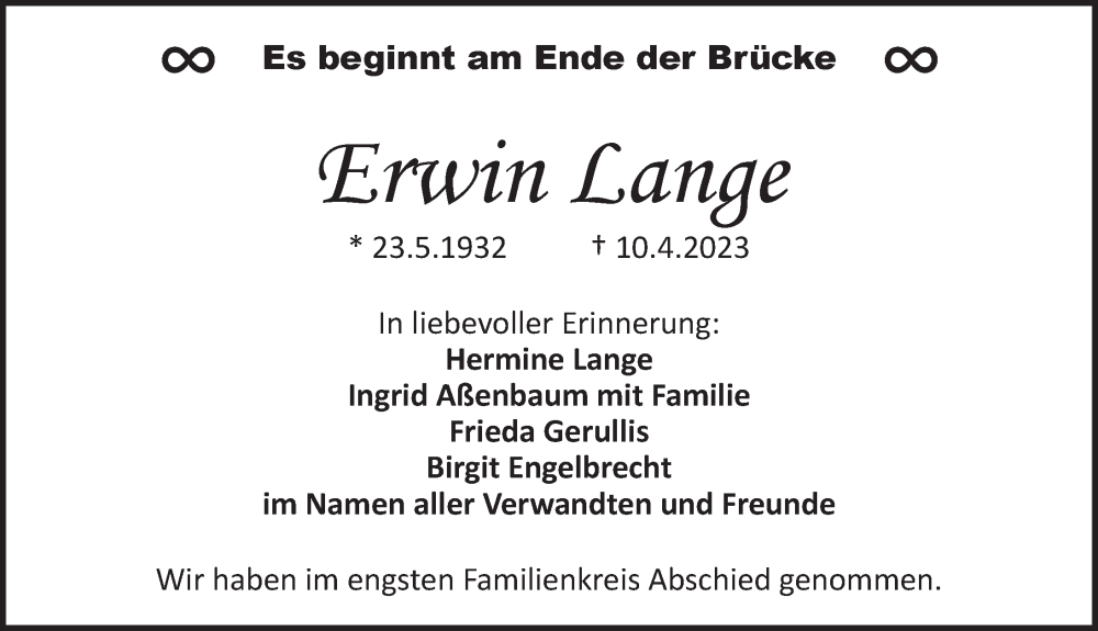  Traueranzeige für Erwin Lange vom 29.04.2023 aus Pegnitz-Zeitung