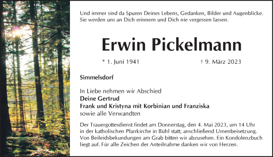 Traueranzeige von Erwin Pickelmann von Pegnitz-Zeitung