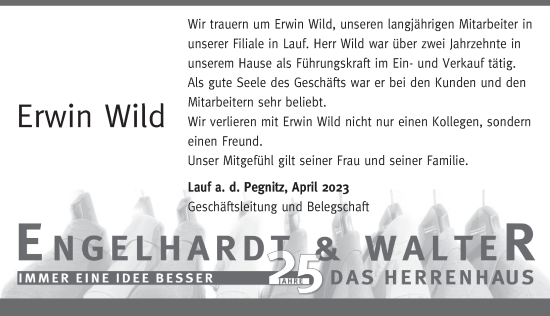 Traueranzeige von Erwin Wild von Pegnitz-Zeitung
