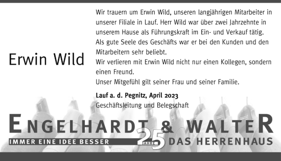Traueranzeige von Erwin Wild von Hersbrucker Zeitung Lokal