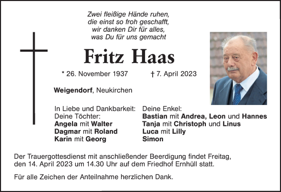 Traueranzeige von Fritz Haas von Hersbrucker Zeitung Lokal
