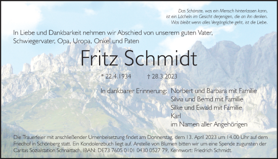 Traueranzeige von Fritz Schmidt von Pegnitz-Zeitung