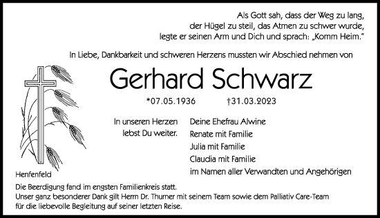 Traueranzeige von Gerhard Schwarz von Hersbrucker Zeitung Lokal