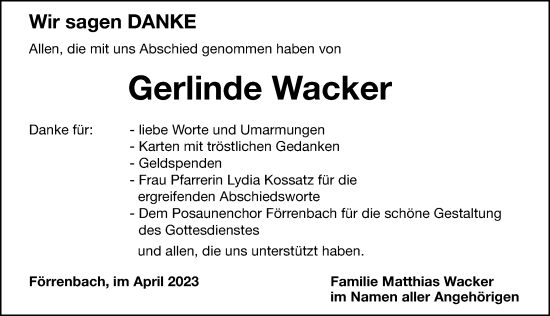 Traueranzeige von Gerlinde Wacker von Hersbrucker Zeitung Lokal