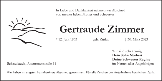 Traueranzeige von Gertraude Zimmer von Pegnitz-Zeitung