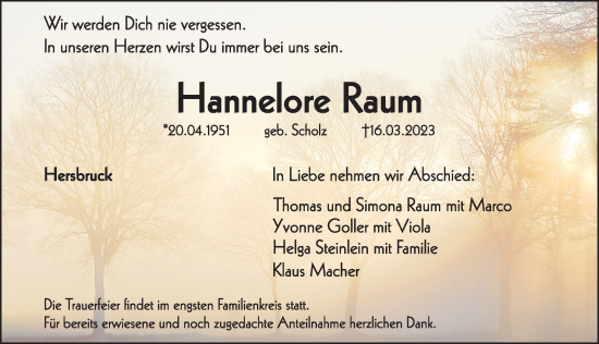 Traueranzeige von Hannelore Raum von Hersbrucker Zeitung Lokal