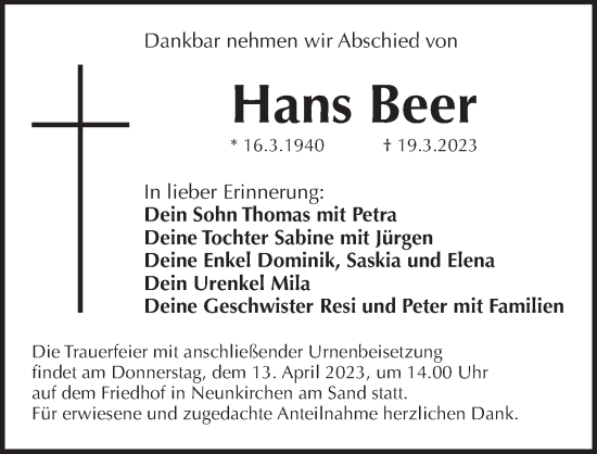 Traueranzeige von Hans Beer von Pegnitz-Zeitung