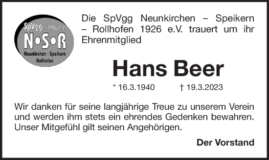 Traueranzeige von Hans Beer von Pegnitz-Zeitung