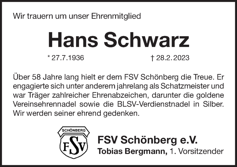  Traueranzeige für Hans Schwarz vom 08.04.2023 aus Pegnitz-Zeitung