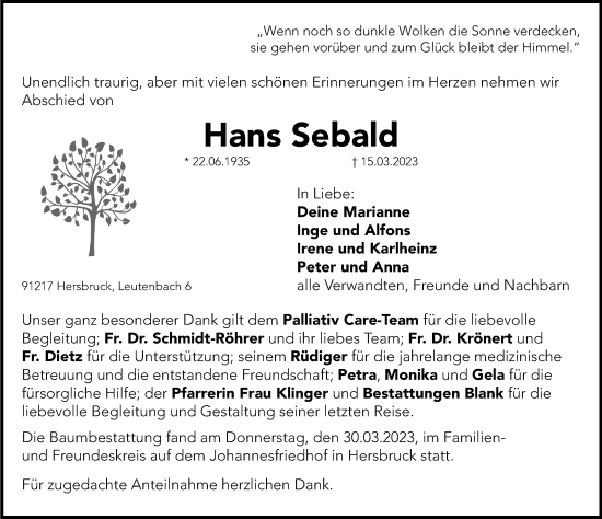 Traueranzeige von Hans Sebald von Hersbrucker Zeitung Lokal