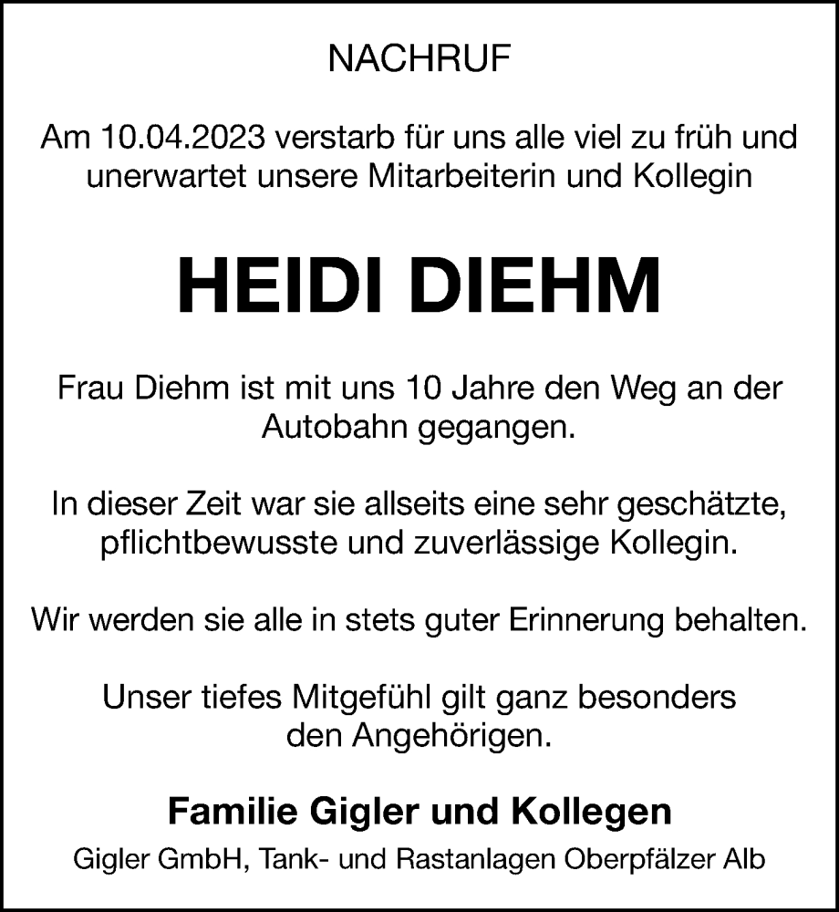  Traueranzeige für Heidi Diehm vom 19.04.2023 aus Hersbrucker Zeitung Lokal