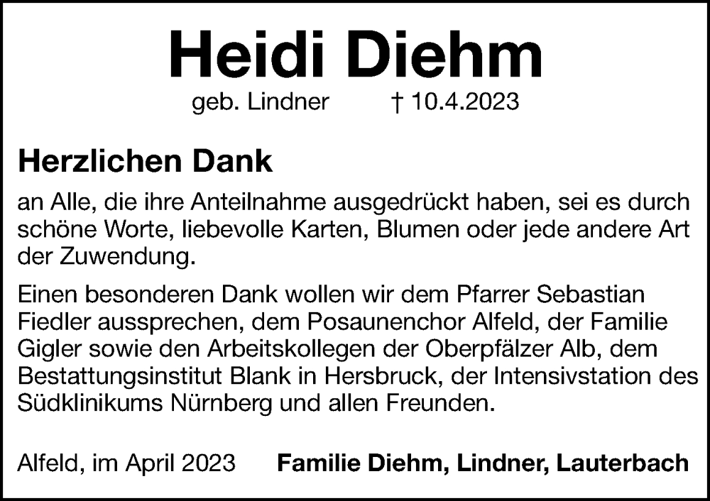  Traueranzeige für Heidi Diehm vom 29.04.2023 aus Hersbrucker Zeitung Lokal