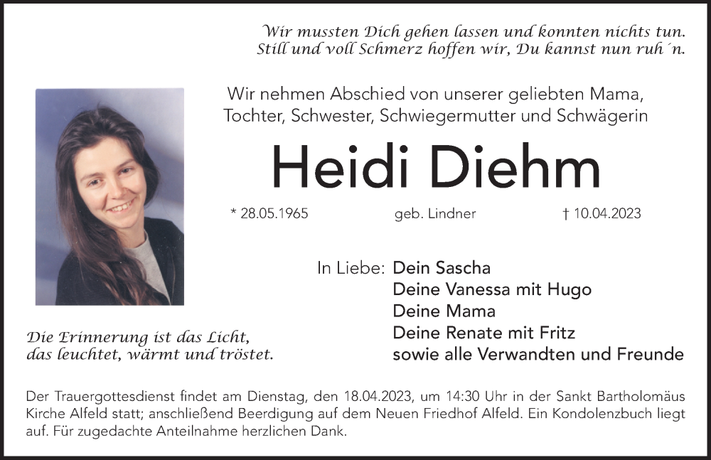  Traueranzeige für Heidi Diehm vom 15.04.2023 aus Hersbrucker Zeitung Lokal