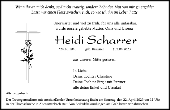 Traueranzeige von Heidi Scharrer von Hersbrucker Zeitung Lokal