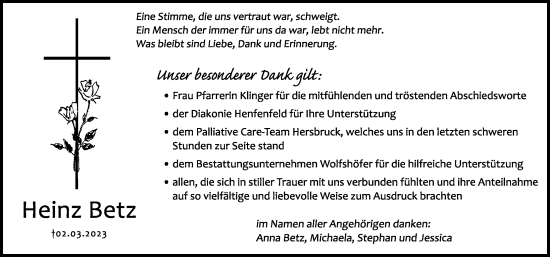 Traueranzeige von Heinz Betz von Hersbrucker Zeitung Lokal