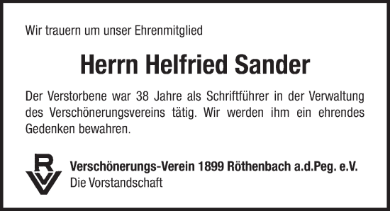 Traueranzeige von Helfried Sander von Pegnitz-Zeitung