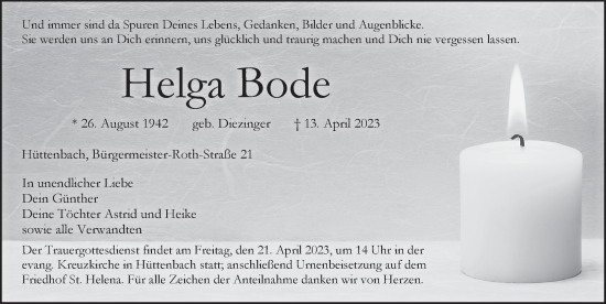 Traueranzeige von Helga Bode von Pegnitz-Zeitung