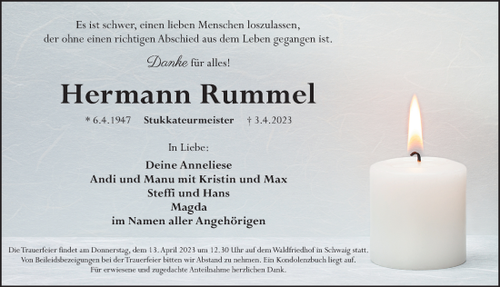 Traueranzeige von Hermann Rummel von Pegnitz-Zeitung
