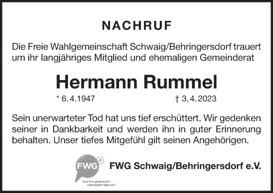 Traueranzeige von Hermann Rummel von Pegnitz-Zeitung