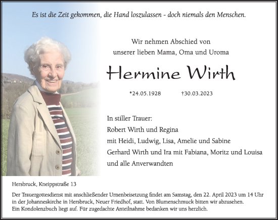 Traueranzeige von Hermine Wirth von Hersbrucker Zeitung Lokal