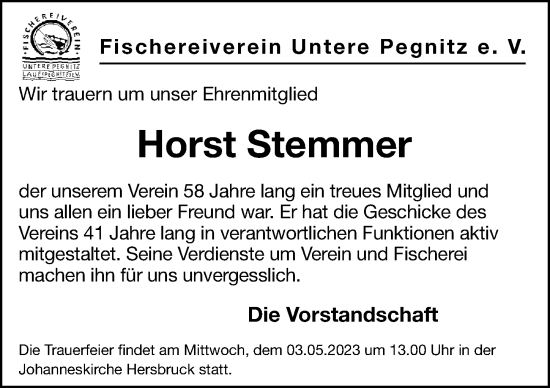 Traueranzeige von Horst Stemmer von Hersbrucker Zeitung Lokal