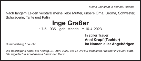 Traueranzeige von Inge Graßer von Der Bote