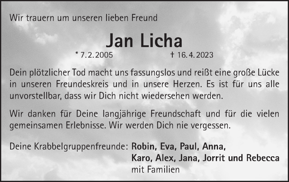  Traueranzeige für Jan Licha vom 26.04.2023 aus Pegnitz-Zeitung